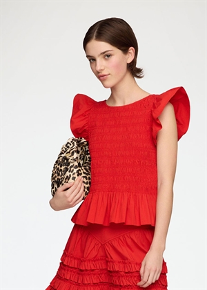 Stretch cotton angel sleeve smocked top Goji Berry A1040422 Ganni 